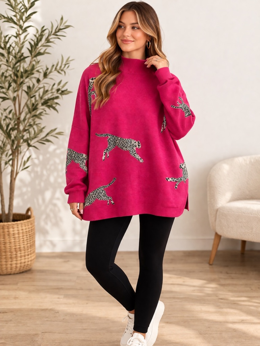 Entro Hot Pink Leopard Print Oversized Sweater – Cozy Statement Piece